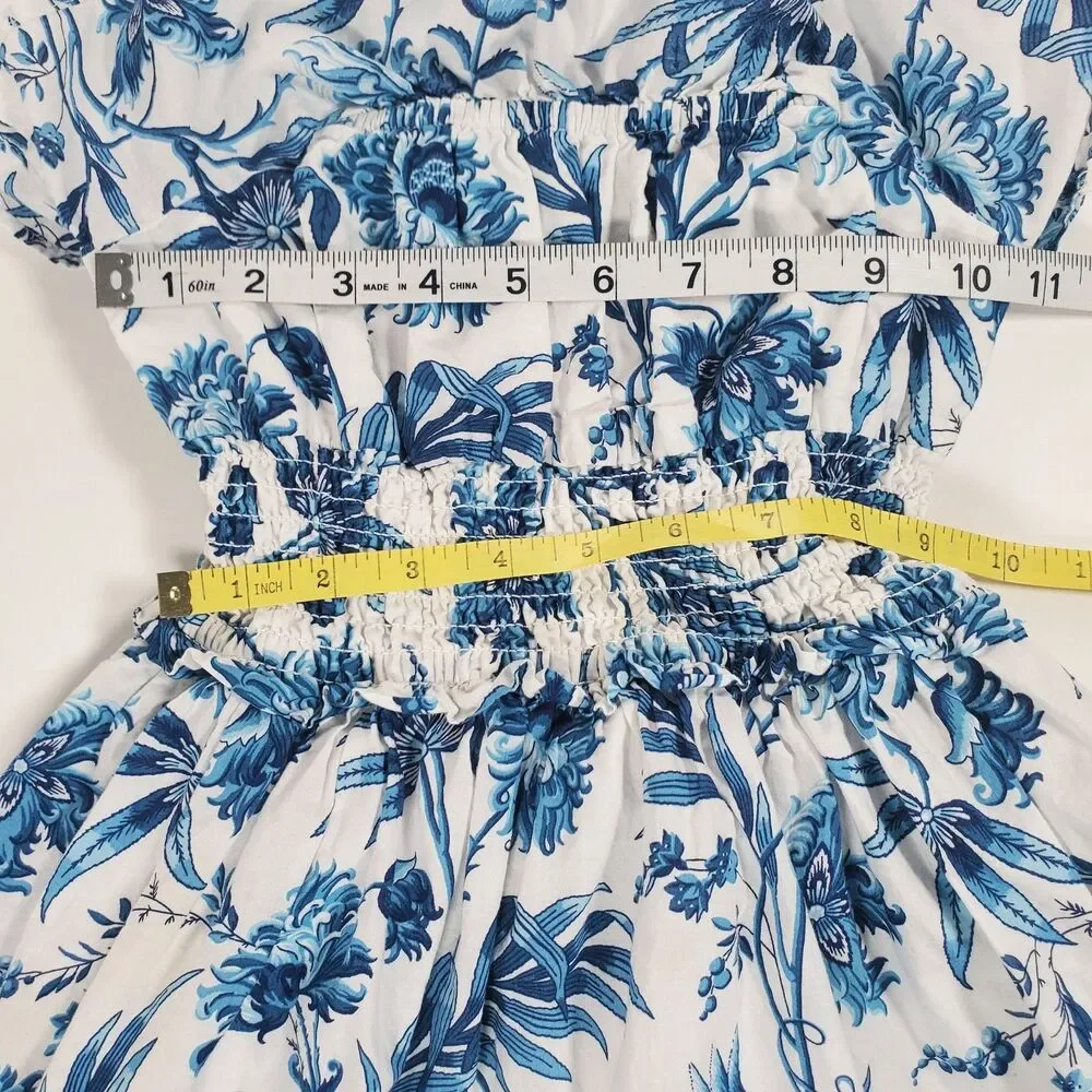 Janie and Jack Girls Dress Size 7 Blue Floral Midi Sundress Smocked Waist Cotton - Picture 8 of 11